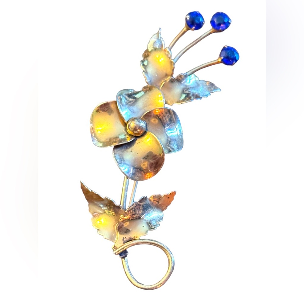 Vintage gold plt sterling silver by Jordann Fancy flower brooch  blue crystals